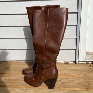 Jessica Cline Knee High Boots Brown Boots With Heels Faux Leather Boots